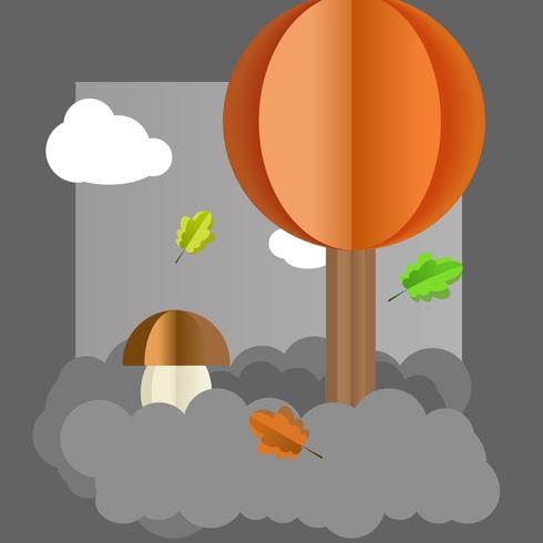 Vector autumn landscape, tree, mushroom leaves.