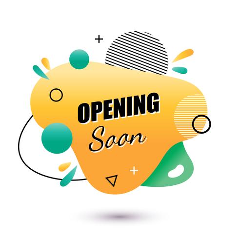 Vector social media tag opening soon. Isolated object on a white background. Memphis style and geometric shapes. Amorphous liquid