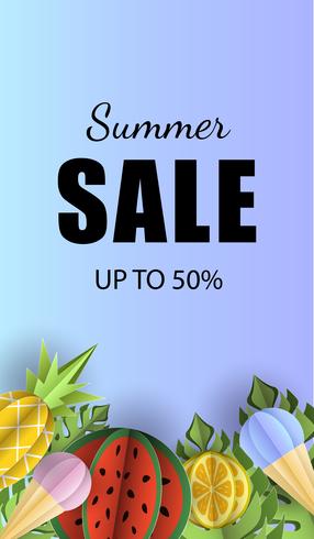 Vector summer background banner 3d paper cut with, ice cream. Fruit pineapple and watermelon. Flyer for advertising sales