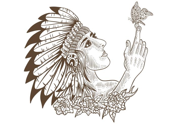 native american girl and butterfly handdrawn vector