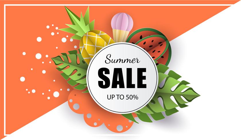 Vector summer background banner 3d paper cut with, ice cream. Fruit pineapple and watermelon. Flyer for advertising sales