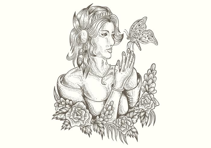 Ilustración de vector handdrawn de mujer y mariposa