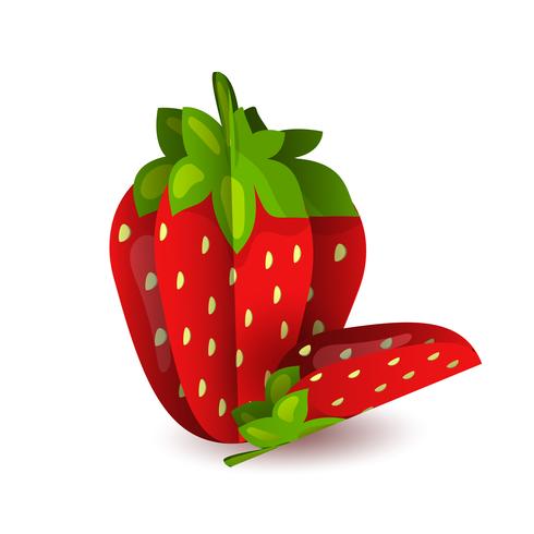 Vector tropical summer exotic fruit paper cut volumetric. Origami. Isolated color object on white background. Red tasty strawberry and slice