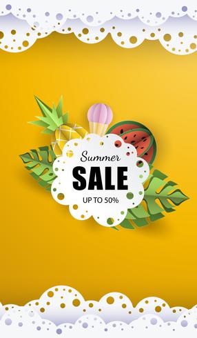 Vector summer background banner 3d paper cut with lace, ice cream. Fruit pineapple and watermelon. Flyer for advertising sales