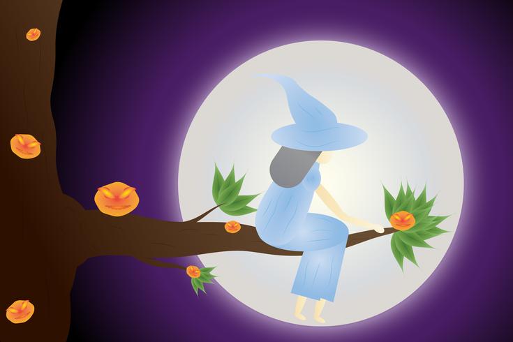 Happy Halloween, the witch is on the branches in the moon, background scenes, shades of purple. vector