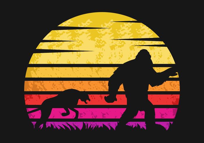 yeti and cheetah sunset retro vector illustration