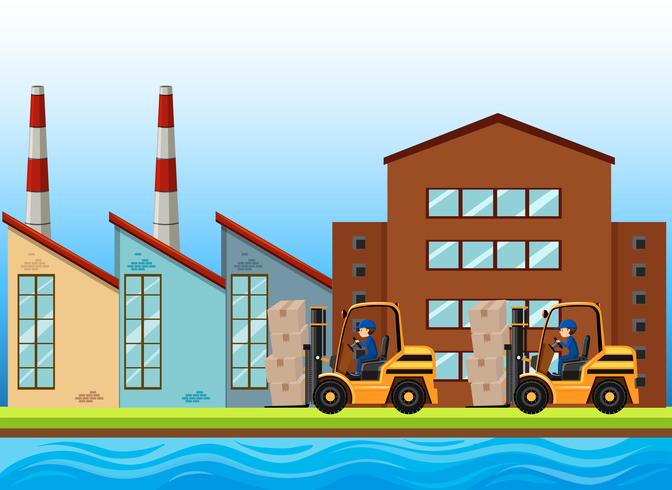 Factory scene with two forklifts working vector