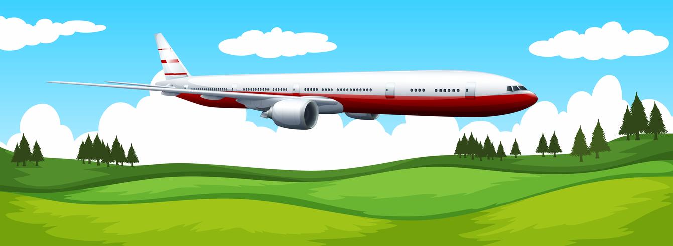 Airplane flying over the green field vector