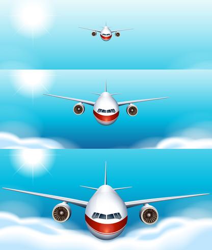 Tres escenas de avión volando en el cielo. vector