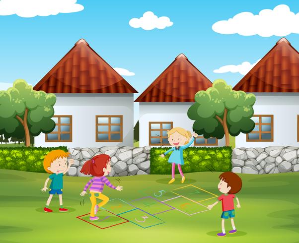 Children playing hopscotch in the yard vector