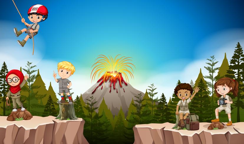 Boys and girls camping in the mountain vector
