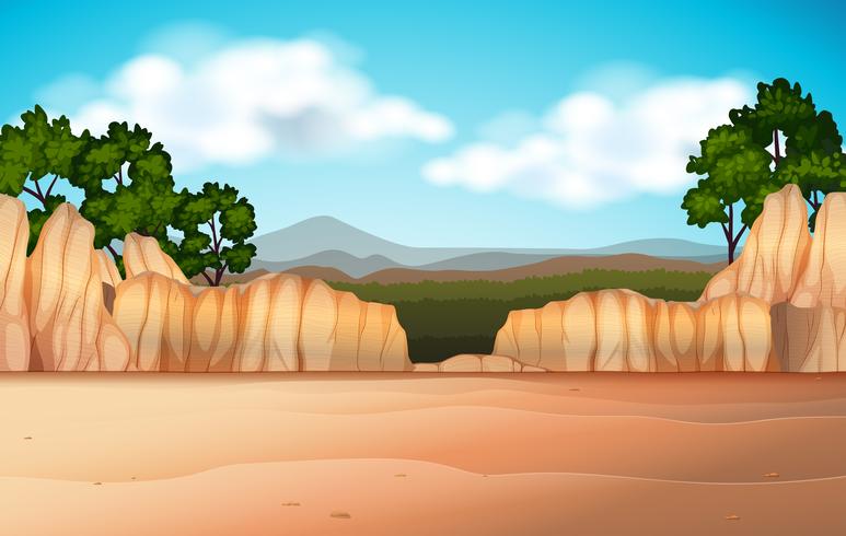 Escena de la naturaleza con campo desértico y cañones. vector