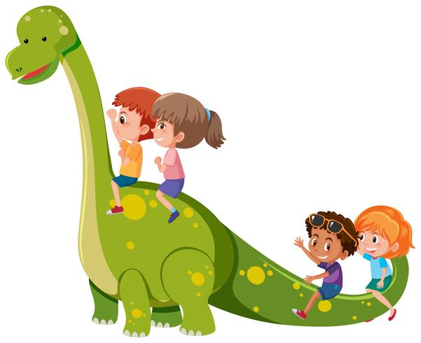 Children ride a dinosaur vector