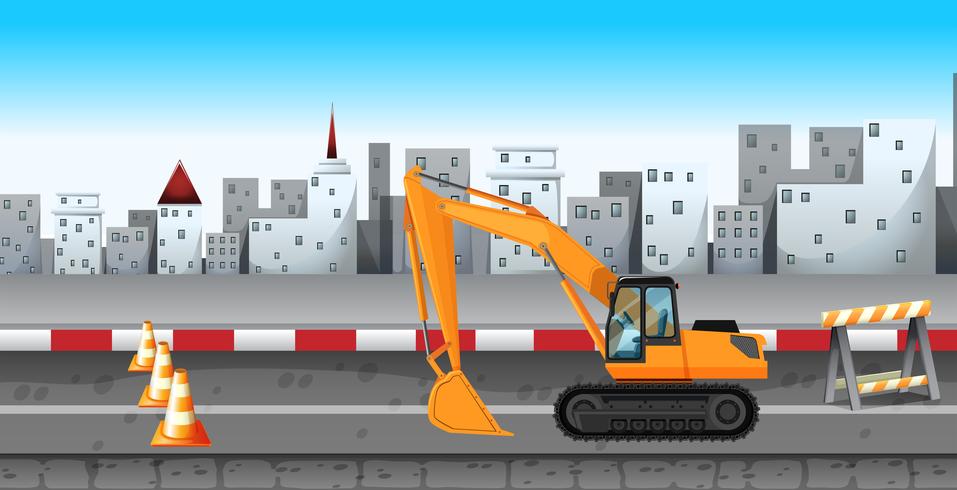 Excavator working at the road construction vector