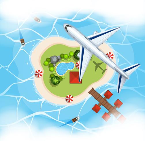 Aerial scene with airplane flying over island vector