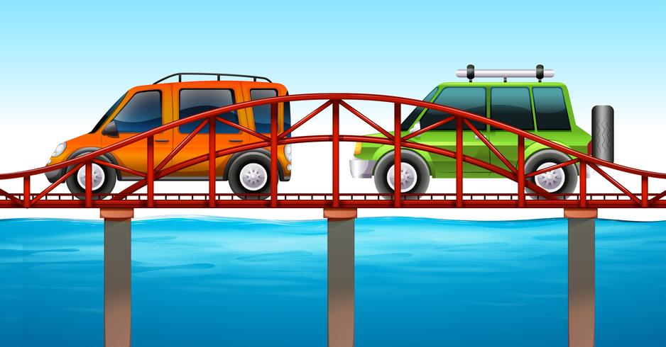 Two cars on the bridge vector