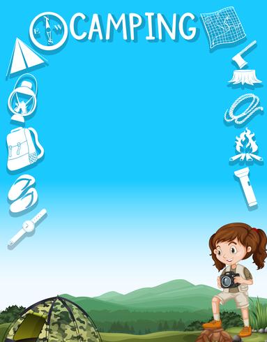 Border design with girl and camping tools vector