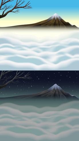 Escena de la naturaleza con montaña y niebla. vector