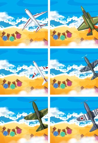 Set of plane flying above the beach vector