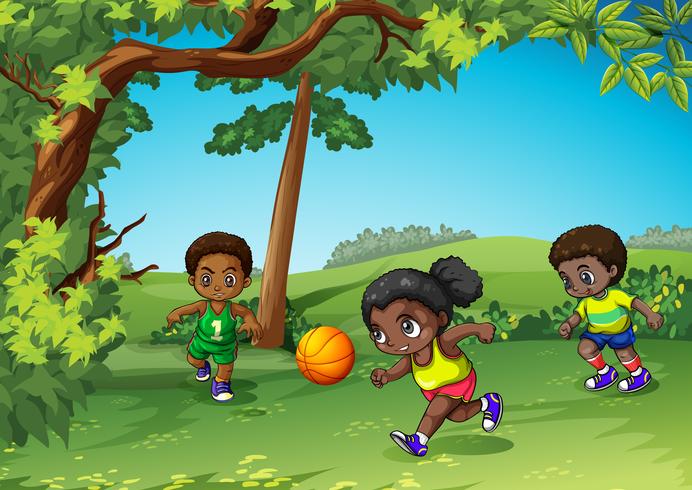 Three kids playing ball in the park vector