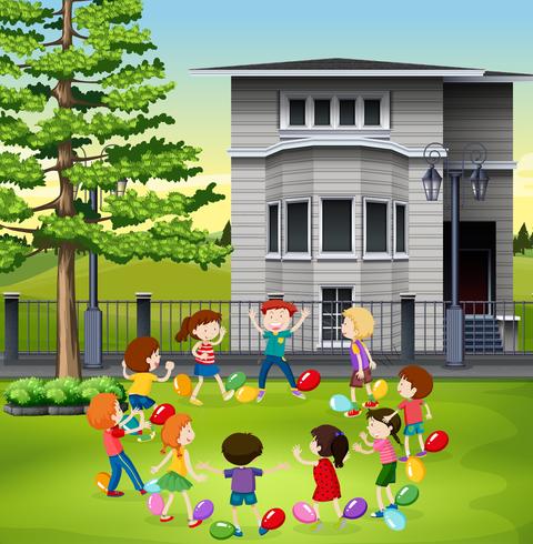 Children playing balloon popping in the park vector