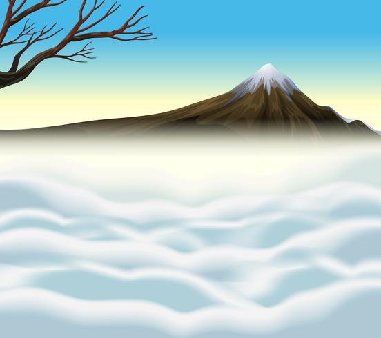 Escena de la naturaleza con volcan y niebla. vector