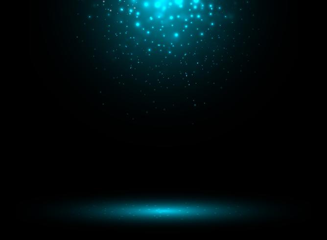 Dark stage background with blue rays of spotlight and falling sparkling vector