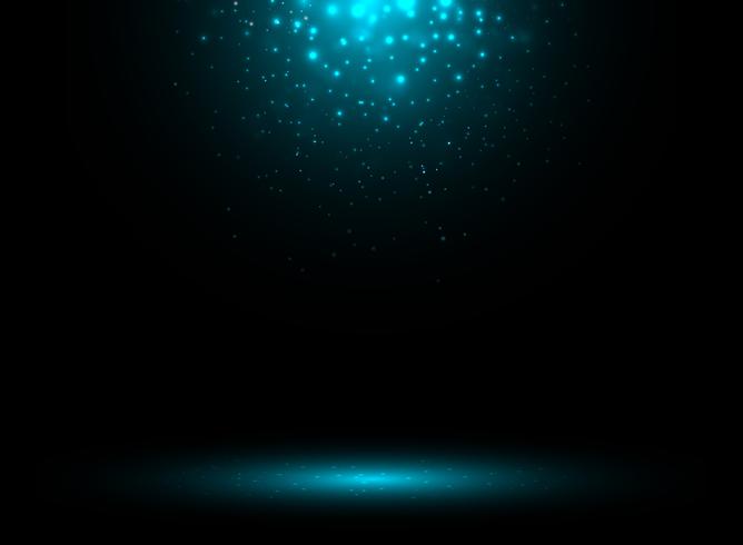 Fondo oscuro de la etapa con los rayos azules del foco y la caída brillante. vector