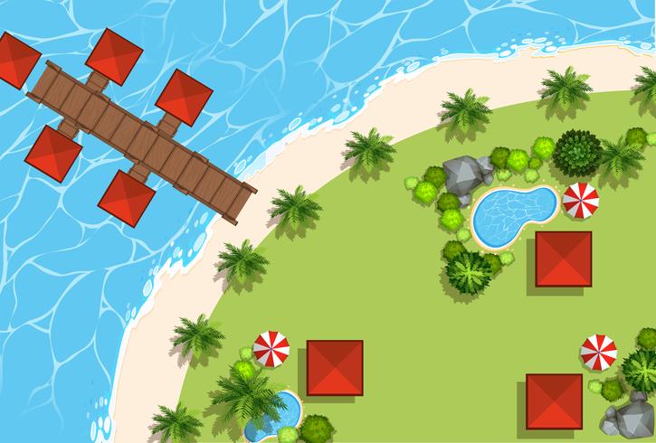 Aerial scene of huts and beach vector