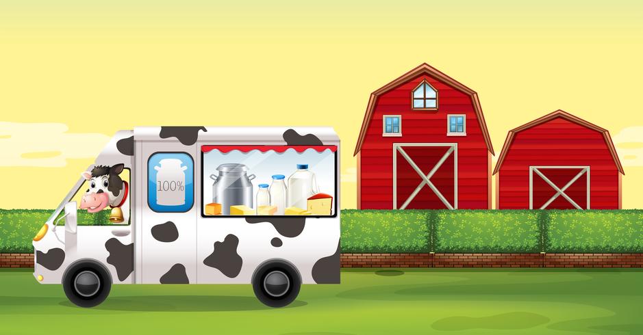 Cow driving milk truck on the farm vector