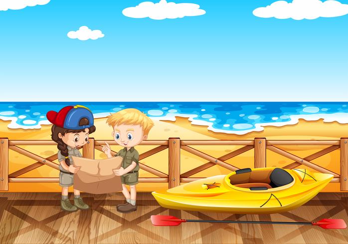 Ocean scene with two kids reading map vector