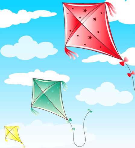 Three kites flying in blue sky vector