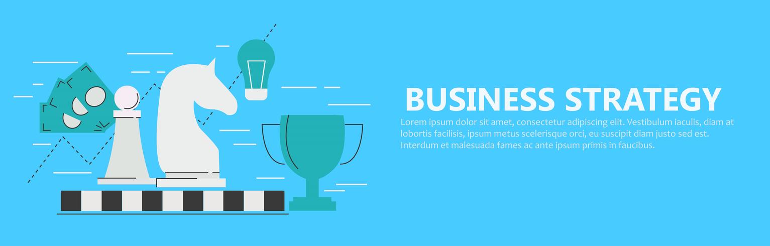 Business strategy banner with chessboard and figures, cup, money, schedule, lightbulb. flat illustration vector