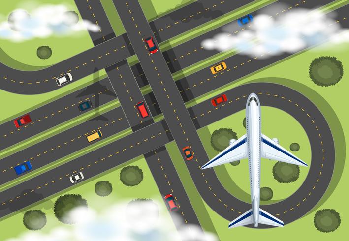 Aerial view with airplane flying in the sky vector