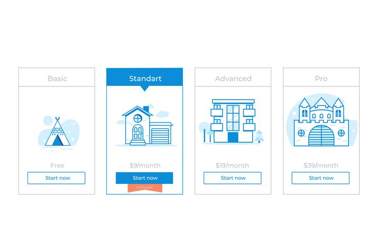 Nuestro plan de precios. Diferentes categorías de precios del dinero. Elegir prima. Vector gradiente de diseño plano