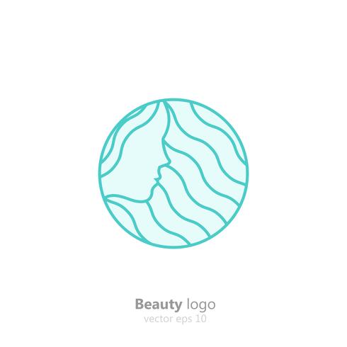 Logo azul con rostro y cabello de mujer. Logotipo de salón de belleza. Vector ilustración de línea plana