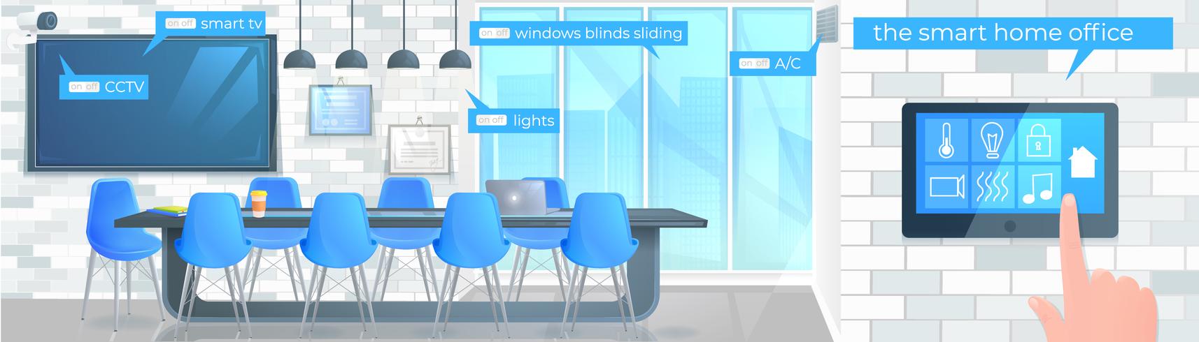 Smart home office banner. Modern conference room with a control screen and hand. cartoon illustration vector