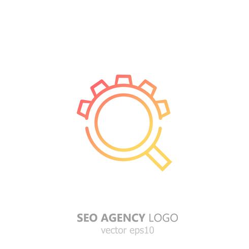 Logo de la agencia seo. Lupa con engranaje. Búsqueda y configuración. Vector gradiente ilustración plana