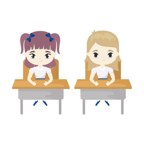 little student girls seated in school desks vector