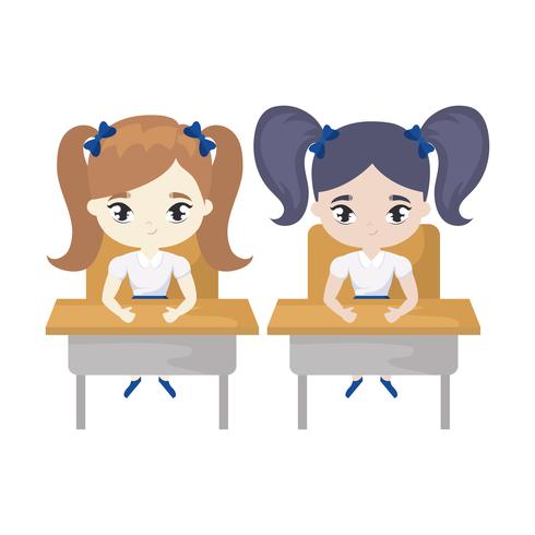 niñas estudiantes sentadas en pupitres escolares vector