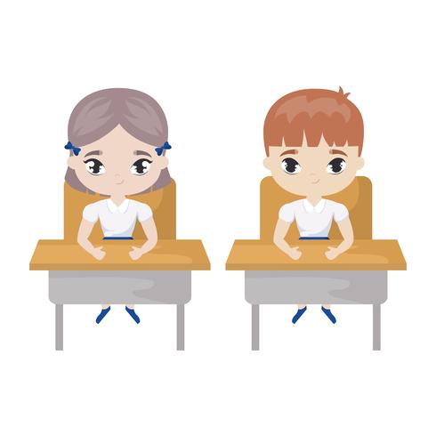 pequeños estudiantes sentados en pupitres vector