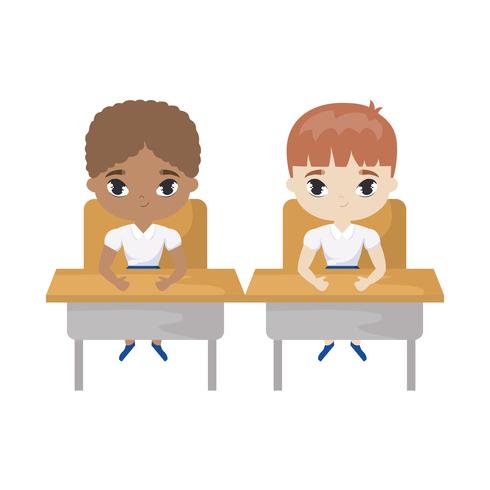 little students seated in school desks vector