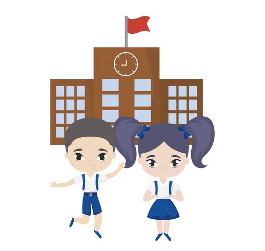 cute little students in front of school vector