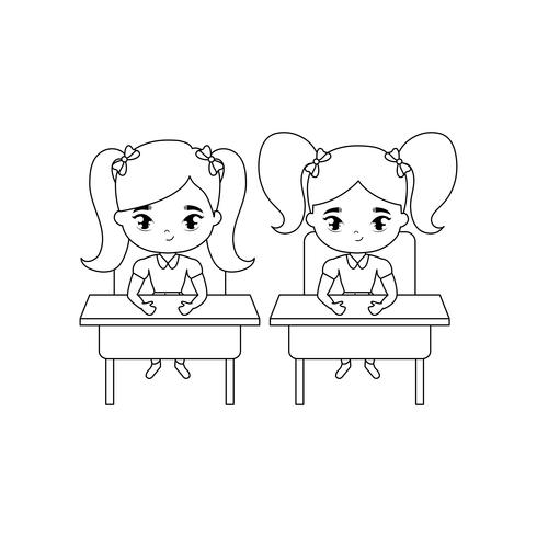 little student girls seated in school desks vector