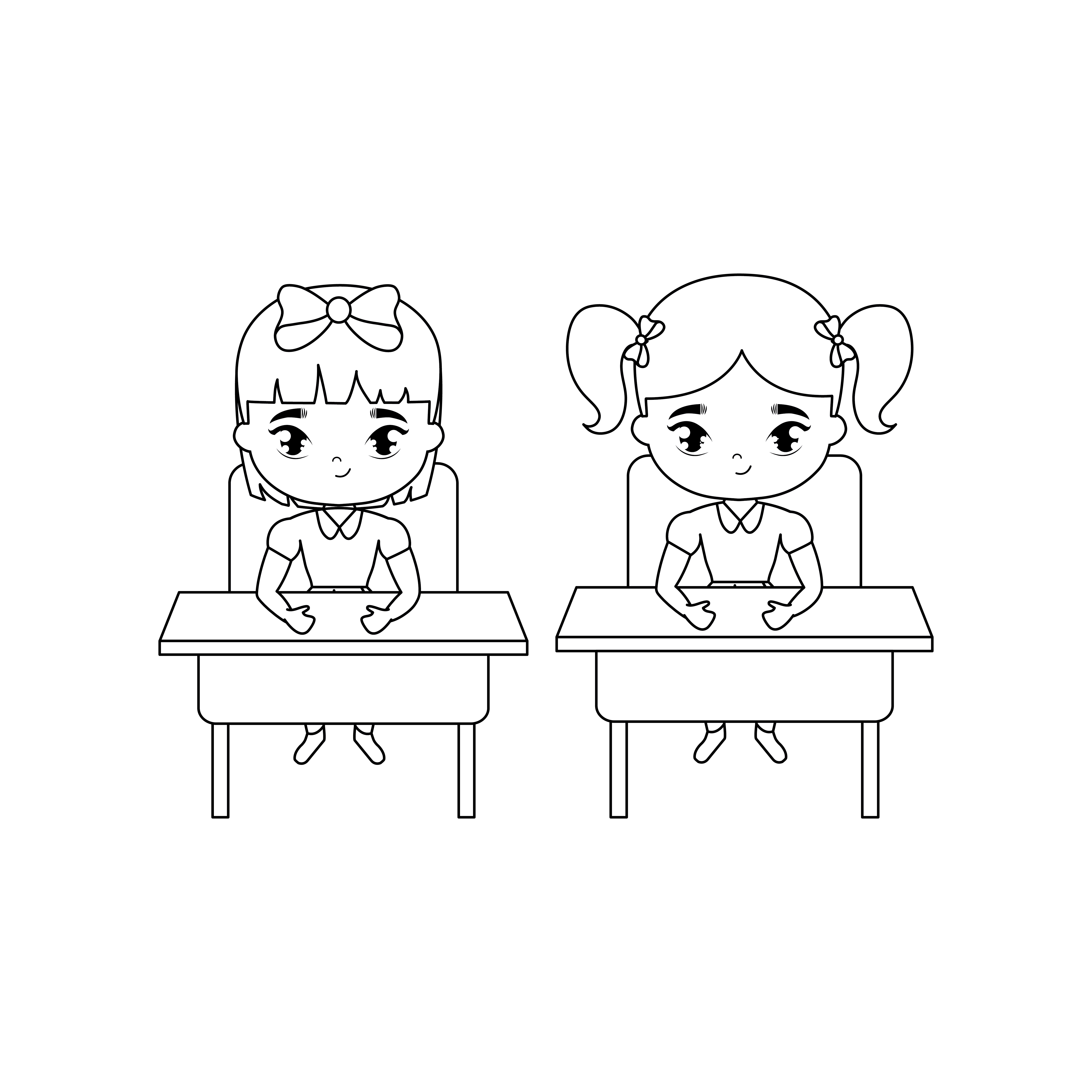 Little Student Girls Seated In School Desks Download Free