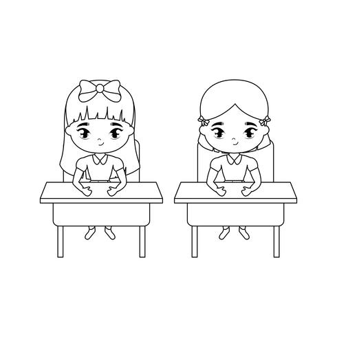 little student girls seated in school desks vector