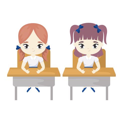 little student girls seated in school desks vector