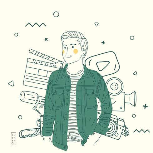 Simple Hand Draw Flat Illustration Male With Movie Items vector