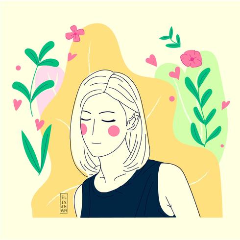 Hand Draw Flat Illustration Girl With Flower vector