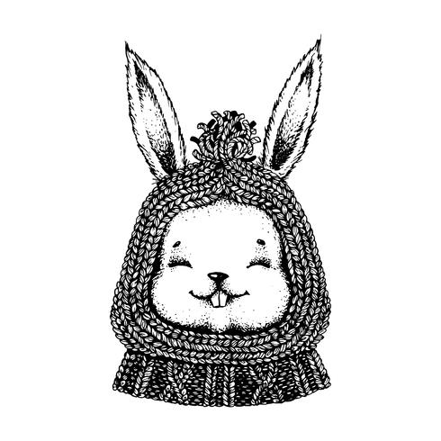 Black and white hare in a hat and sweater.  vector